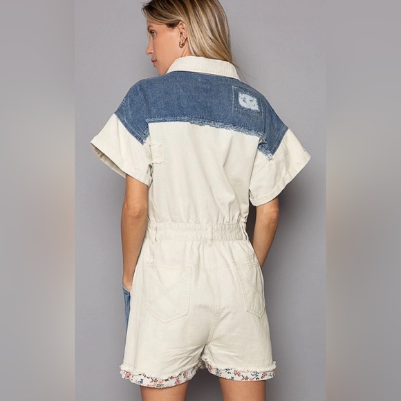 POL Embroidered Patchwork Collar Button Down Color Block Floral Denim Romper - Picture 4 of 4